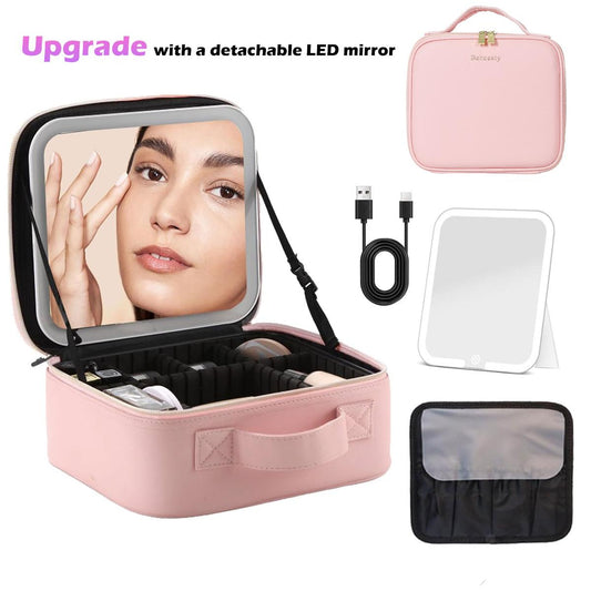 Behaesty Portable Makeup Bag – LED Lighted Cosmetic Organizer with Detachable Mirror