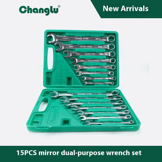 15PCS Dual-End Wrench Set – Open-End & Box-End Hand Tool Kit