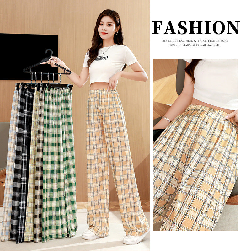 Women's summer thin plaid pants - loose straight-leg, slimming, versatile casual pants with high waist and drape, new style wide-leg pants for women