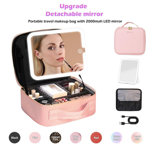 Behaesty Portable Makeup Bag – LED Lighted Cosmetic Organizer with Detachable Mirror