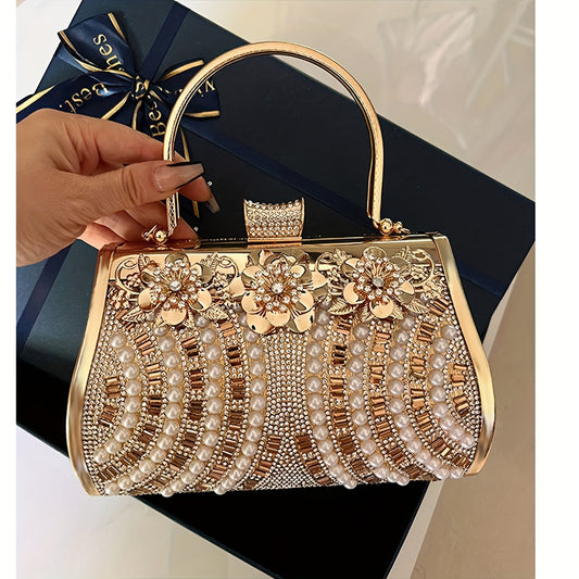 Elegant Gold Pearl & Rhinestone Evening Clutch – Handheld Sparkling Bridal & Party Bag