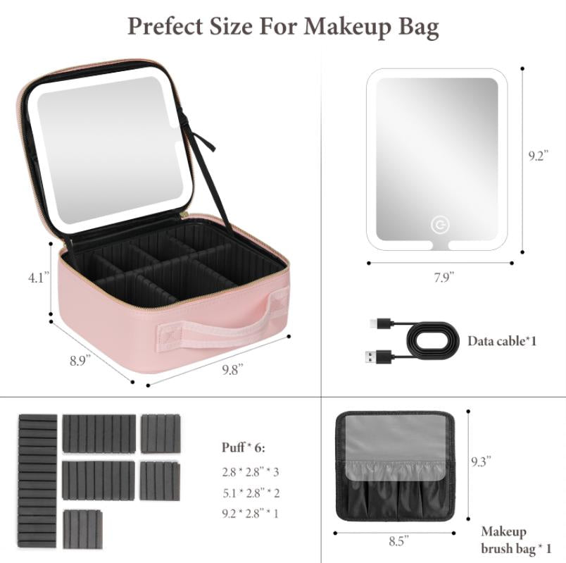 Behaesty Portable Makeup Bag – LED Lighted Cosmetic Organizer with Detachable Mirror